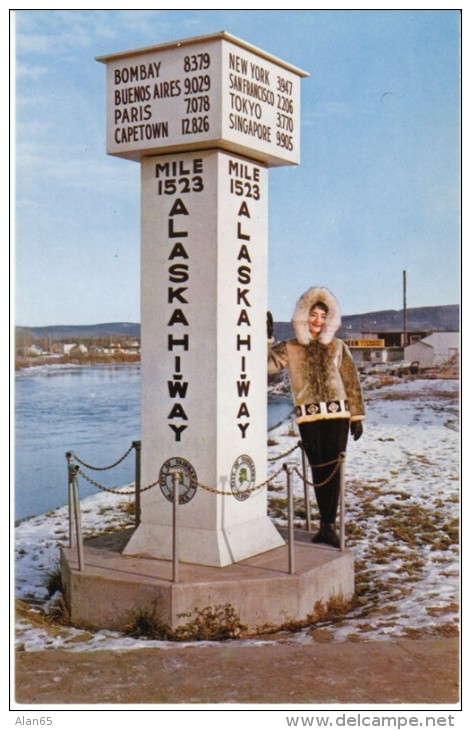Fairbanks Alaska, Alaska Highway Mileage Marker, Beautiful Woman Fur Coat, C1950s/60s Vintage Postcard - Fairbanks