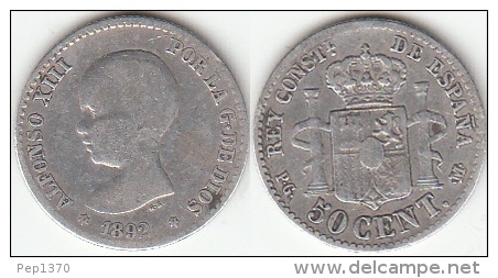 ESPAÑA 1892 - 50 CENTIMOS DE PLATA (SILVER) DE 1892 *9*2 - First Minting