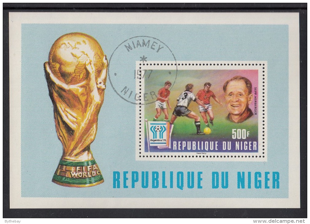 Niger Used Scott #417 Souvenir Sheet 500fr Sepp Herberger, Germany - 1978 World Cup Soccer Argentina - Niger (1960-...)