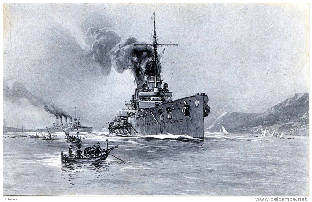 S.M. PANZERKREUZER "Göben" Und "Breslau" Verlassen Gefechtsklar Messina, Künstlerkarte V.Prof.Willy Stöwer 1914, Wohl... - Stöwer, Willy