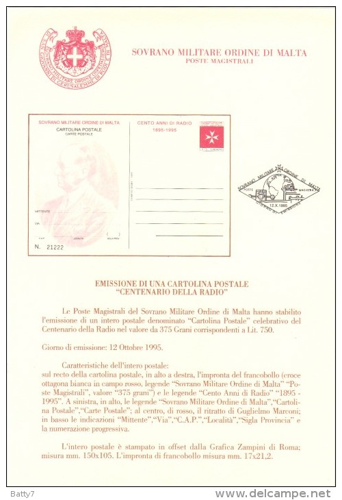 SMOM 1995 BOLLETTINO UFFICIALE -  CARTOLINA POSTALE CENTENARIO RADIO - Sovrano Militare Ordine Di Malta