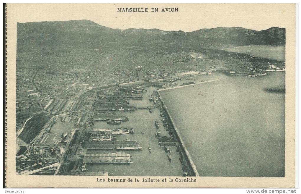 MARSEILLE EN AVION, LES BASSINS DE LA JOLIETTE ET LA CORNICHE. PHOT. M. FLANDRIN SUR AVION DES LIGNES  LATÉCOÈRE - Joliette