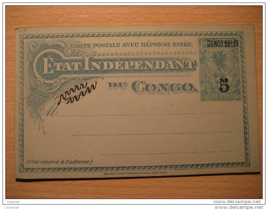 Etat Ind 15c+15c Reply Palm CONGO BELGE 5 + Wavy Lines Overprinted Double Stationery Card BELGIAN CONGO Belgium Africa - Postwaardestukken