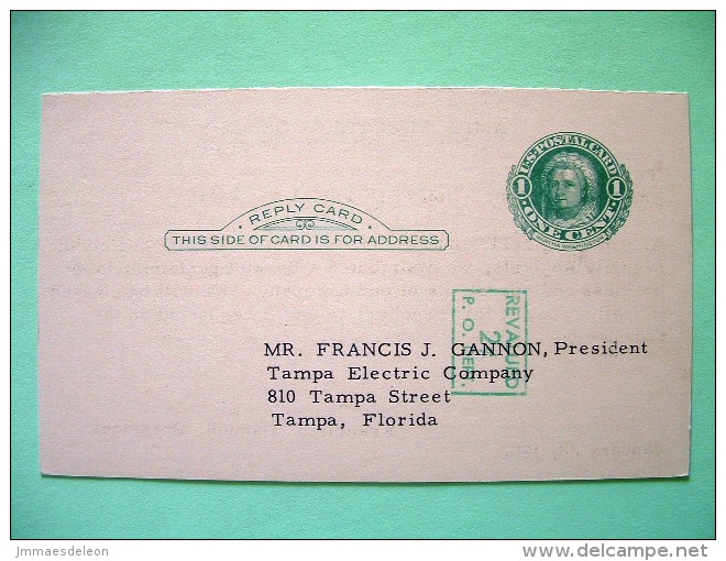 USA 1952 Stationery Stamped Postal Card - Used To Tampa - Gas Company - 1c Revalued 2c - Martha Washington - 1941-60
