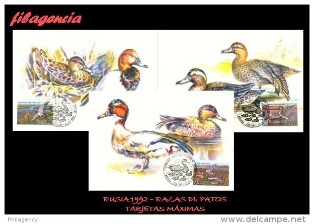 EUROPA. RUSIA. ENTEROS POSTALES. TARJETAS MÁXIMAS 1992. FAUNA. AVES. RAZAS DE PATOS SALVAJES - Tarjetas Máxima