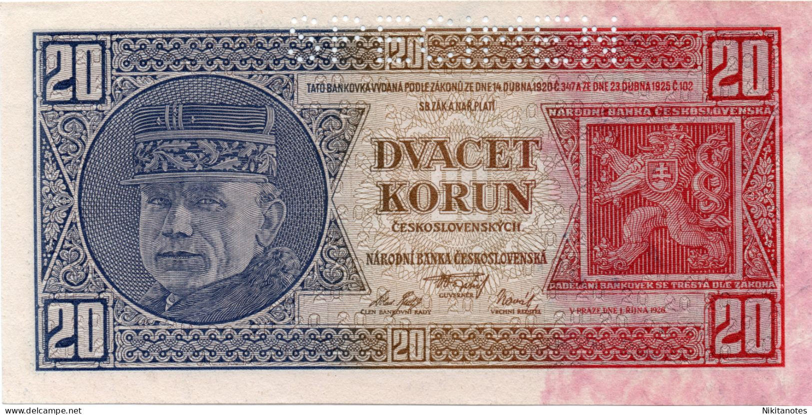 CZECHOSLOVAKIA 20 Korun 1926 Specimen VEDI FOTO Aunc - Cecoslovacchia