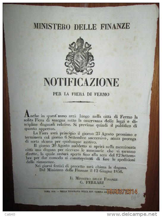 1856 GOVERNO PONTIFICIO PAPA PIO IX   MANIFESTO (30X40)  PER LA FIERA DI FERMO - Posters