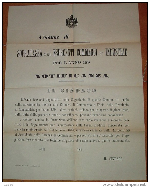 1890 ALESSANDRIA TIPOGRAFIA GAZZOTTI  MANIFESTO (40X60)  SOPRATASSA ESERCENTI COMMERCI ED INDUSTRIE - Posters