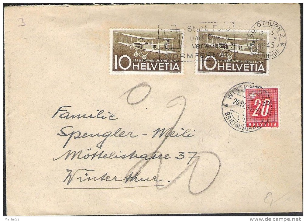 Schweiz Suisse 1945: Brief Zu F37 Mi 435 Yv PA36 Mit O SOLOTHURN 26.IX.45 Nach WINTERTHUR 26.IX.45 Mit Porto Nr.57 - Taxe