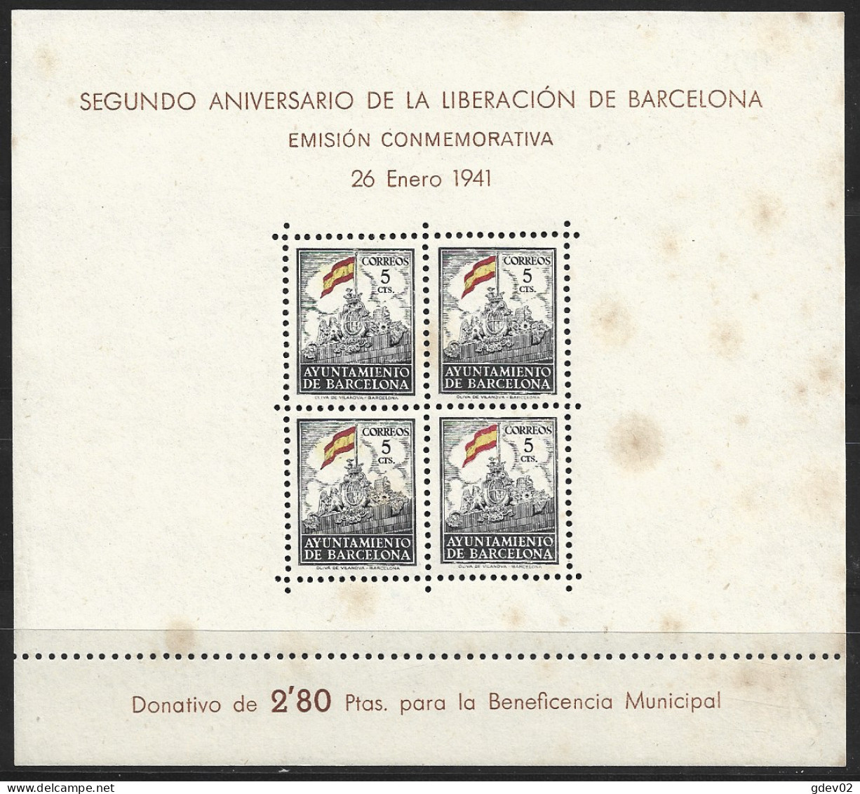 ESBCN30-L3685-TBCN.España.Spain  .Espagne.LIBERACION   DE BARCELONA.1941.(Ed 30**) Sin Charnela .MAGNIFICA - Barcelona