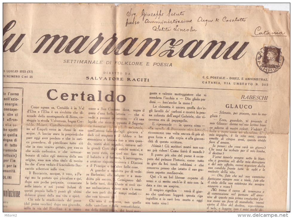 9-Giornale Siciliano "Lu Marranzanu" Del 15 Luglio 1933, Affrancato C.10 Imperiale Da Roma X Catania-Sicilia. - Informatica