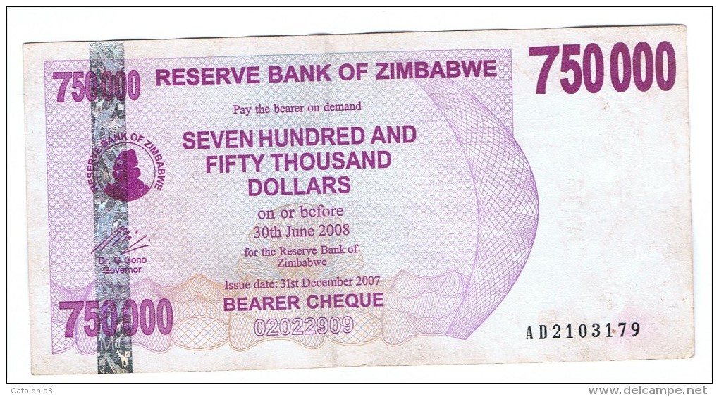 ZIMBABWE -  750.000 Dolar 2007 Circulado  P-52 - Zimbabwe