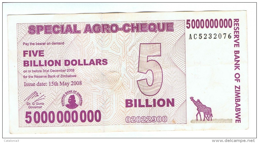 ZIMBABWE -  5 BILLON Dolar 2008 Circulado  P-61 Especial AGRO CHEQUE - Zimbabwe