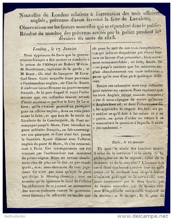 DOCUMENT BORDEAUX 1815/ARRESTATION DE TROIS OFFICIERS ANGLAIS SUITE A LA FUITE DE LAVALETTE –RARE SUPERBE - 1801-1848: Voorlopers XIX