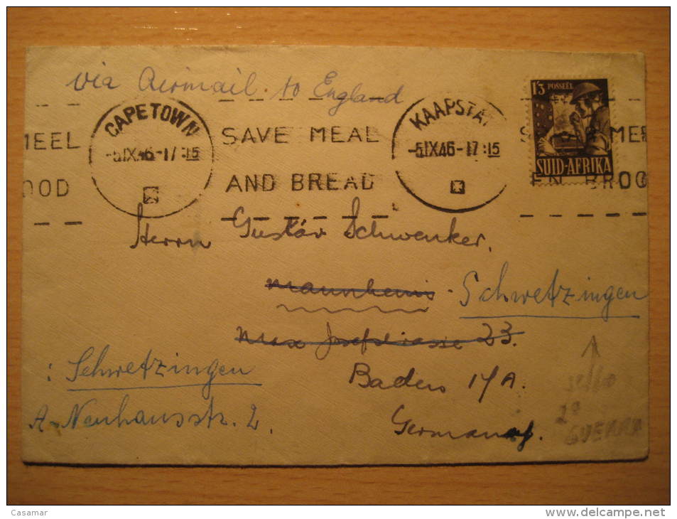CAPE TOWN 1946 To Mannheim Germany SOUTH AFRICA Via England Air Mail Cover British Area Colonies - Briefe U. Dokumente