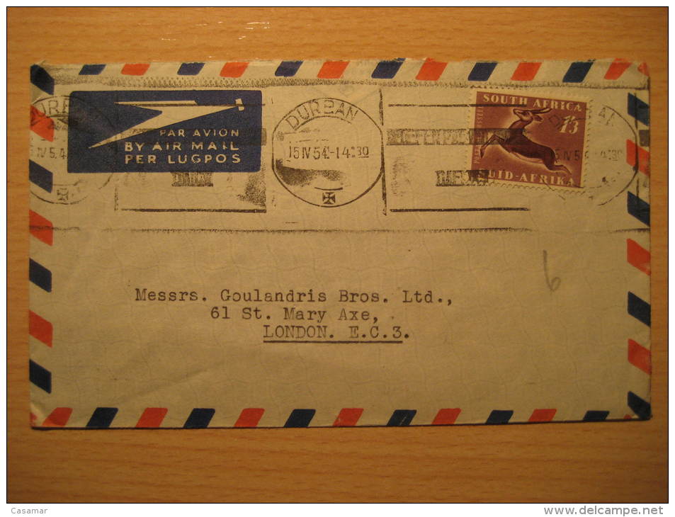 DURBAN 1954 To London GB UK England SOUTH AFRICA Air Mail Cover British Area Colonies - Briefe U. Dokumente