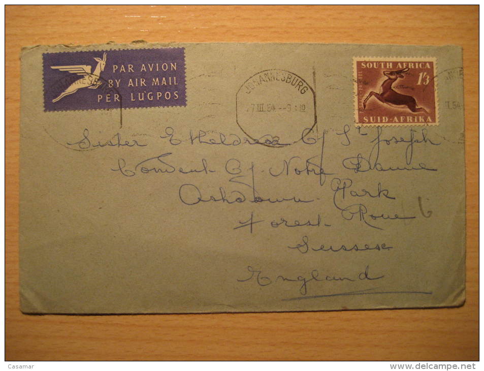 JOHANNESBURG 1954 To Sussex GB UK England SOUTH AFRICA Air Mail Cover British Area Colonies - Briefe U. Dokumente