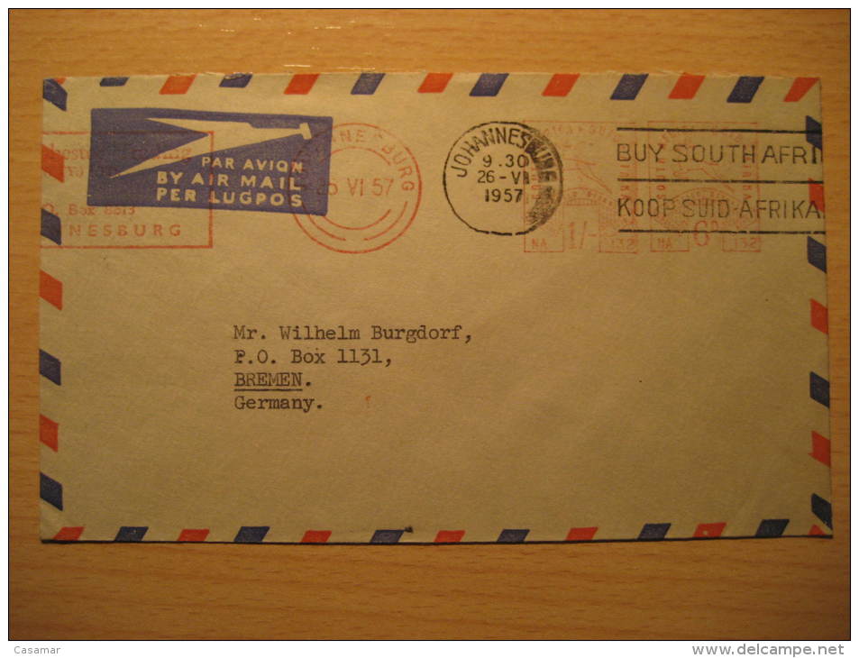JOHANNESBURG 1957 To Bremen Germany Postage Paid SOUTH AFRICA Air Mail Cover British Area Colonies - Briefe U. Dokumente
