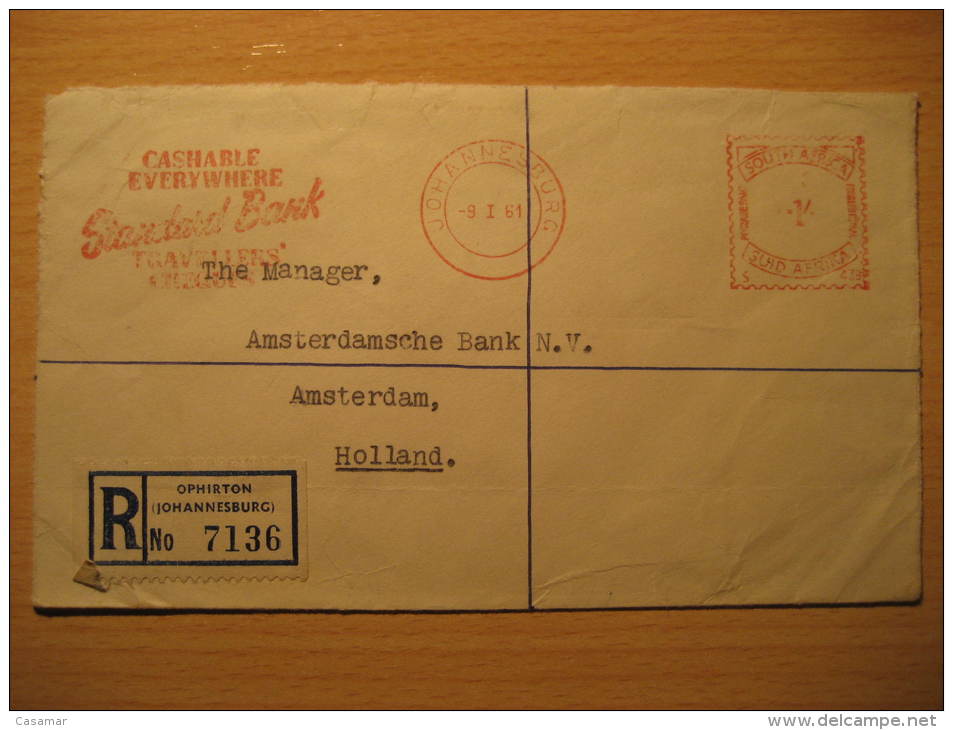 JOHANNESBURG 1961 To Amsterdam Holland Standard Bank Postage Paid SOUTH AFRICA Registered Cover British Area Colonies - Briefe U. Dokumente