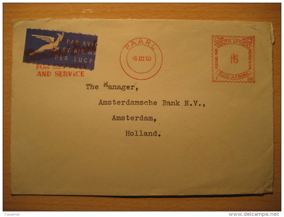 PAARL 1960 To Amsterdam Netherlands Standard Bank Cancel Postage Paid SOUTH AFRICA Air Mail Cover British Area Colonies - Briefe U. Dokumente