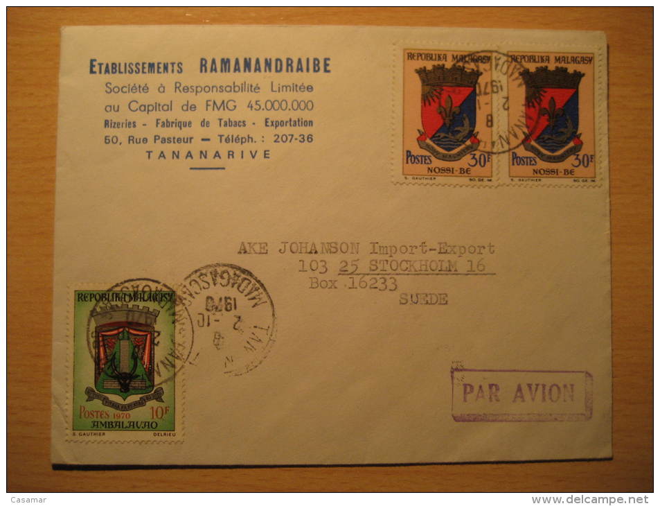 TANANARIVE 1970 To Stockholm Sweden 3 Stamp On Air Mail Cover MADAGASCAR Malagasy Africa - Madagascar (1960-...)