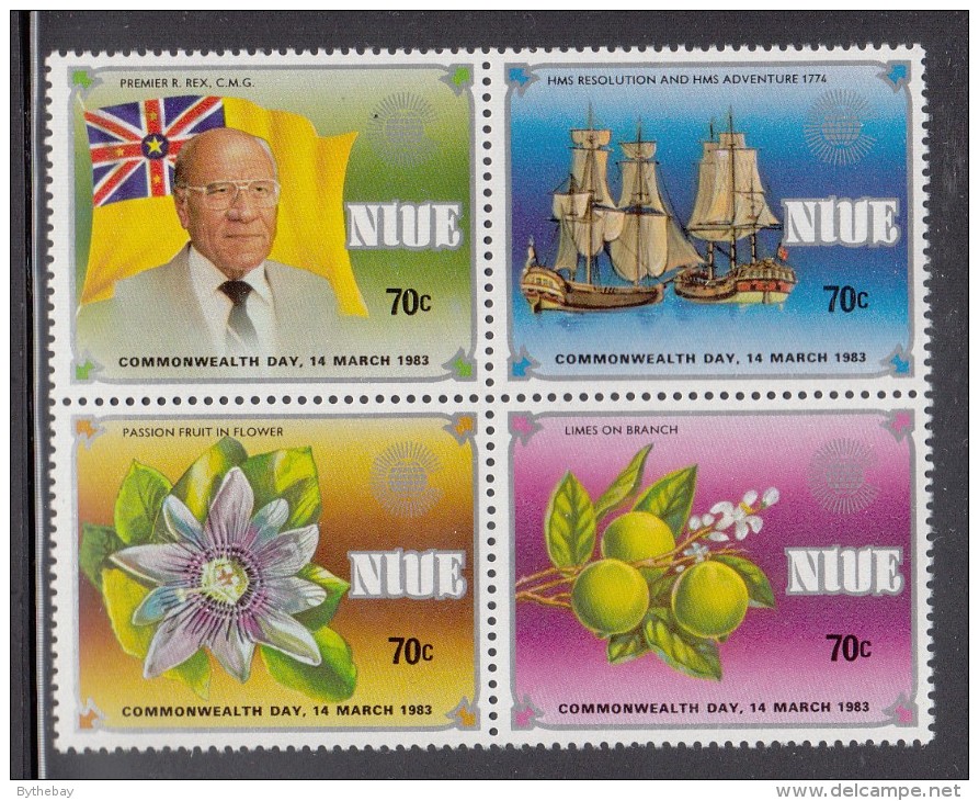 Niue MNH Scott #371a Block Of 4 Flag, Premier, Ships, Flower, Limes - Commonwealth Day - Niue