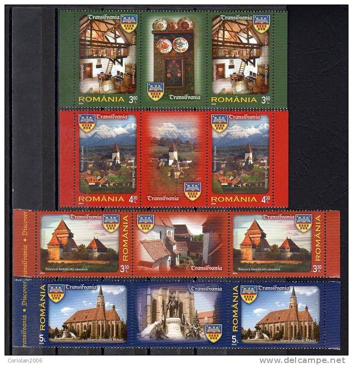 Romania 2013 / Discover Transylvania / Cluj, Viscri, Valea Zalanului, Hosman / Strip With Label - Unused Stamps