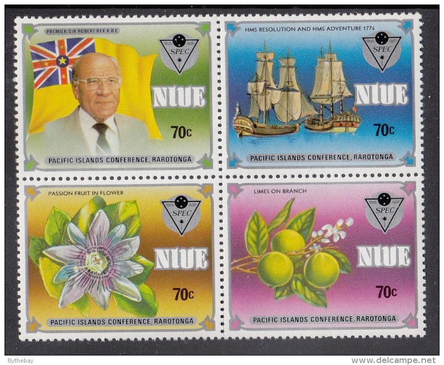 Niue MNH Scott #487a Block Of 4 Flag, Premier, Ships, Flower, Limes - Commonwealth Day Overprint Pacific Islands Conf. - Niue