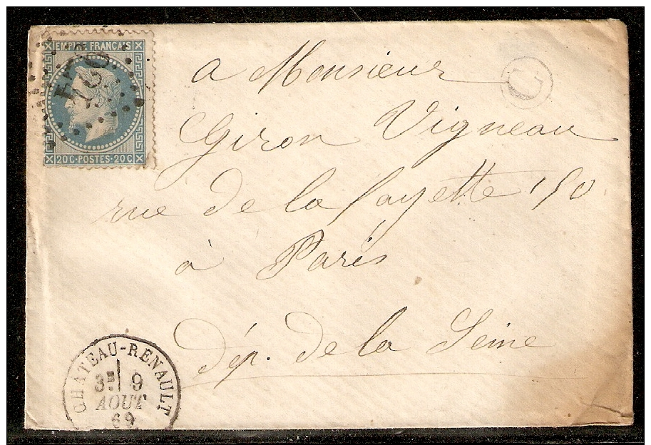 N° 29B Oblitéré 924 Chateau-Renault Sur Lettre De 1869 - 1849-1876: Période Classique