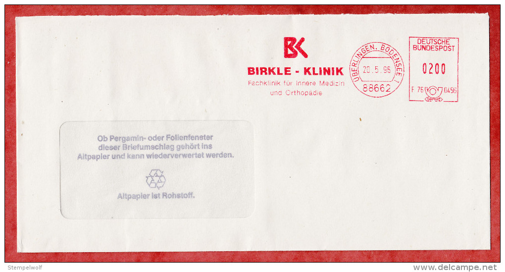 Brief, Francotyp-Postalia F76-0456, BK Birkle Klinik, 200 Pfg, Ueberlingen 1996 (49884) - Brieven En Documenten