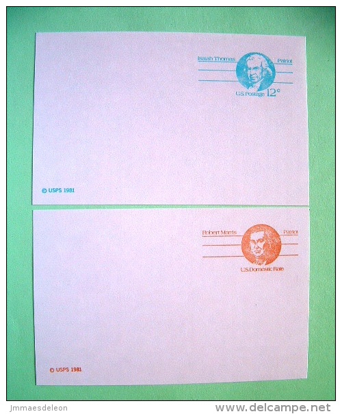 USA 1981 - Set Of 2 Stationery Stamped Postal Card - Unused - 12c And Domestic Rate - Patriots - Isaiah Thomas - Robe... - 1981-00