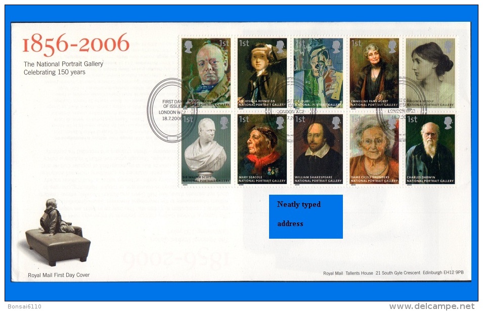 GB 2006-0006, 150th Anniv Of National Portait Gallery (London) FDC,  London WC2 SHS - 2001-10 Ediciones Decimales
