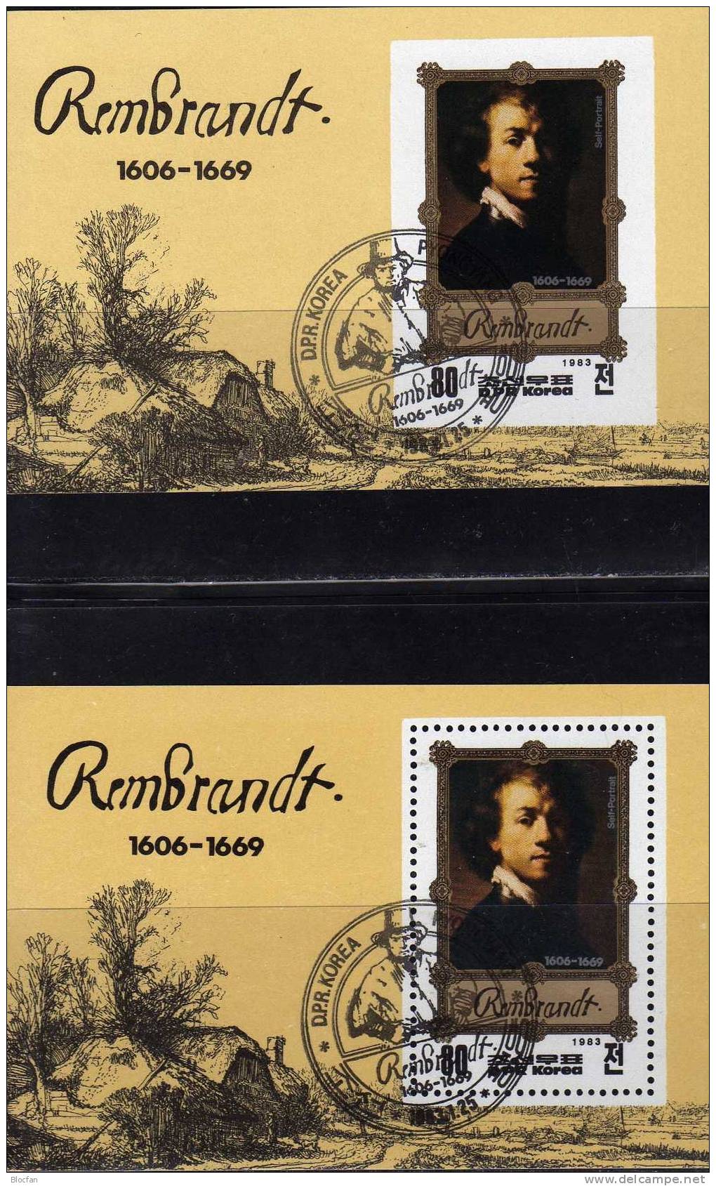 Gemälde Von Rembrandt 1983 Korea Block 137 A Plus B O 12€ Selbstporträt Des Maler Hojas Painting Bloc Art Sheet Bf Corea - Corée Du Nord