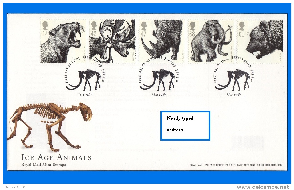 GB 2006-0008, Ice Age Animals FDC, Enfield SHS - 2001-10 Ediciones Decimales