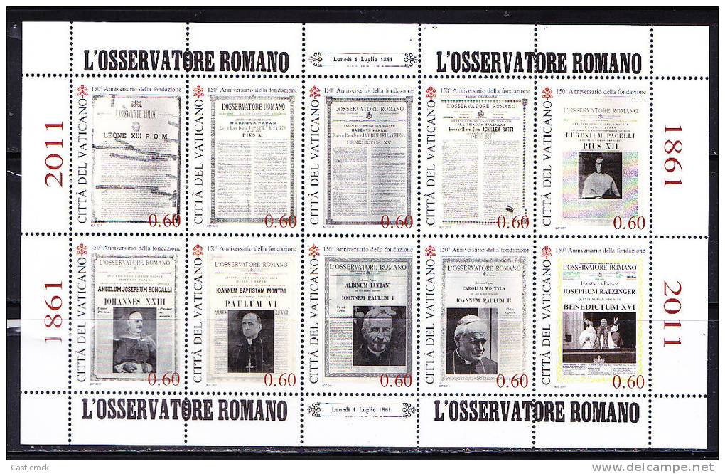 RT)2011 VATICAN CITY,150TH ANNIVERSARY OF IL´OSSERVSATORE ROMANO,M/S,MNH - Neufs