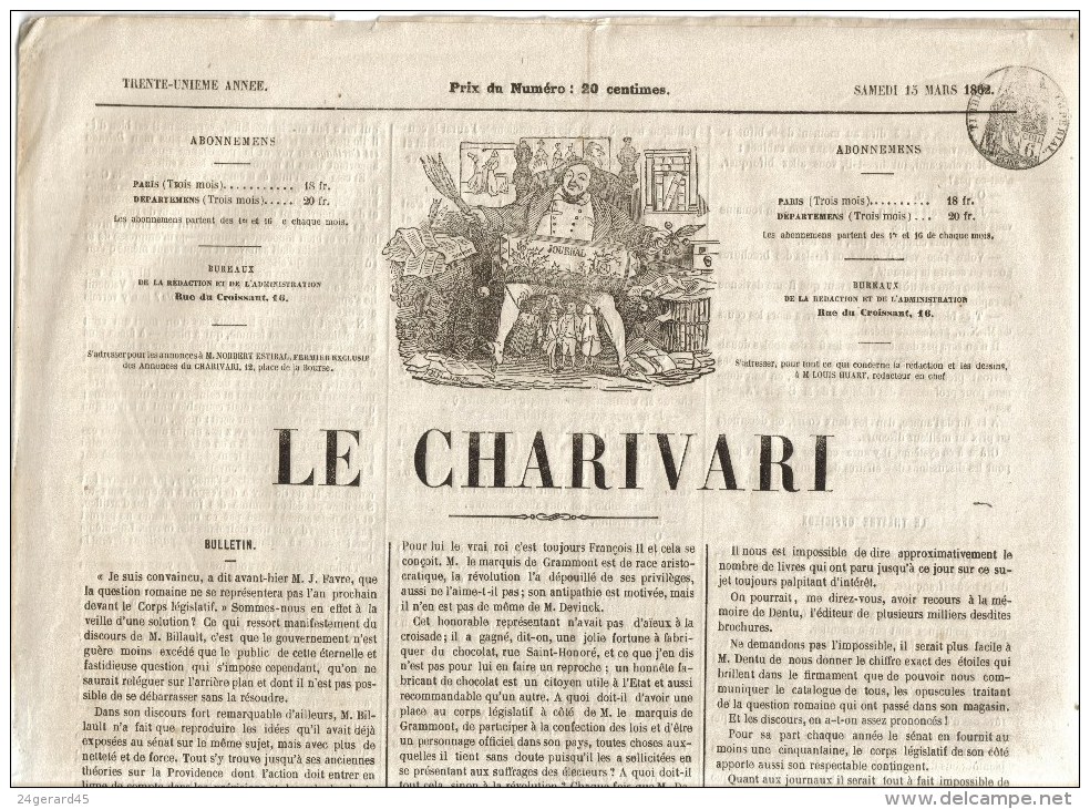 JOURNAL QUOTIDIEN "LE CHARIVARI" DU 15 MARS 1862 AVEC TIMBRE FISCAL IMPERIAL 6 CENTIMES - 1850 - 1899