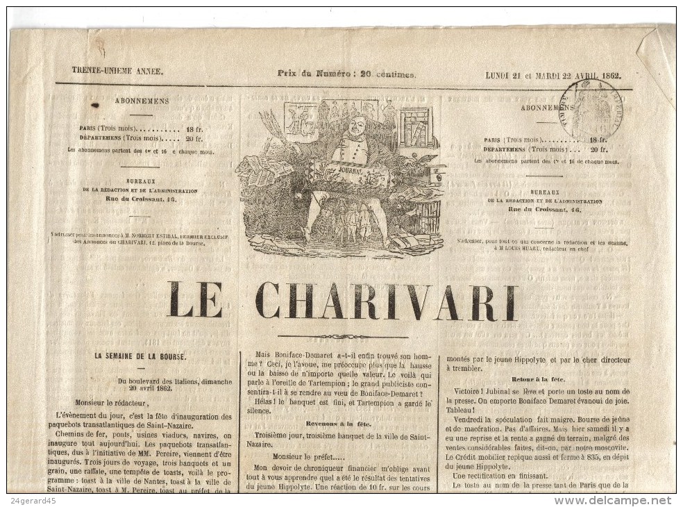 JOURNAL QUOTIDIEN "LE CHARIVARI" DU 22 AVRIL 1862 AVEC TIMBRE FISCAL IMPERIAL 6 CENTIMES - 1850 - 1899