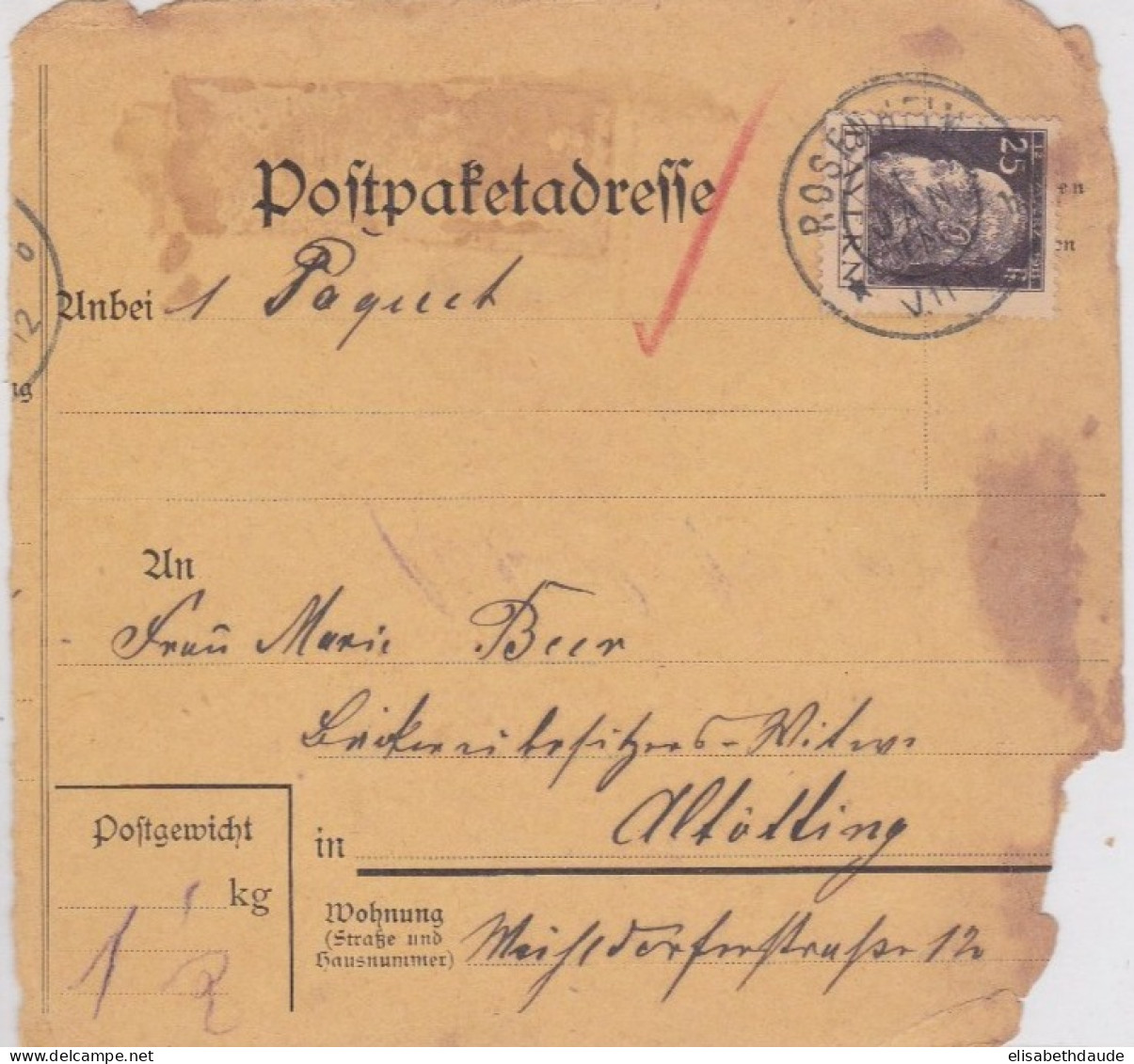 BAYERN - CARTE De COLIS POSTAL DEFECTUEUSE De ROSENHEIM - Briefe U. Dokumente