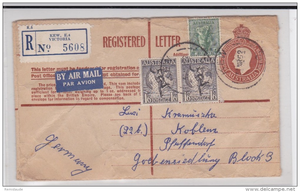 AUSTRALIA - 1952 - ENVELOPPE RECOMMANDEE De KEW (VICTORIA) Pour L'ALLEMAGNE Avec ETIQUETTE De DOUANE Au DOS (CUSTOMS) - Briefe U. Dokumente