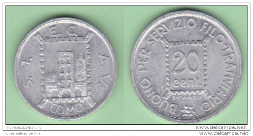 Como  Gettone Da 20 Centesimi  Tram Ad Uso Monetale  1944 - Monedas/ De Necesidad