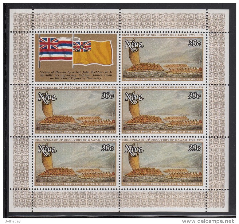 Niue MNH Scott #217 Sheet Of 5 Plus Label 30c Tereoboo Bringing Presents To Captain Cook - 200th Ann Landing In Hawaii - Niue