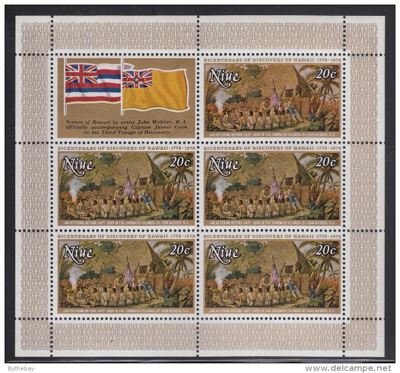 Niue MNH Scott #216 Sheet Of 5 Plus Label 20c An Offering Before Captain Cook - 200th Ann Landing In Hawaii - Niue