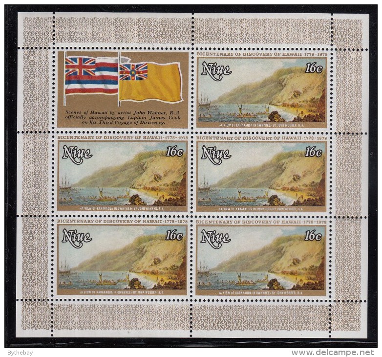 Niue MNH Scott #215 Sheet Of 5 Plus Label 16c A View Of Karakooa In Owyhee - 200th Ann Landing In Hawaii - Niue