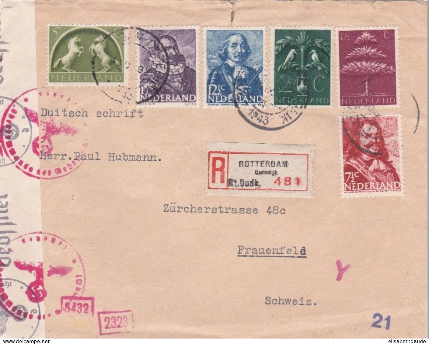 1943 - ENVELOPPE RECOMMANDEE Avec CENSURE De ROTTERDAM Pour FRAUENFELD (SUISSE) - Covers & Documents