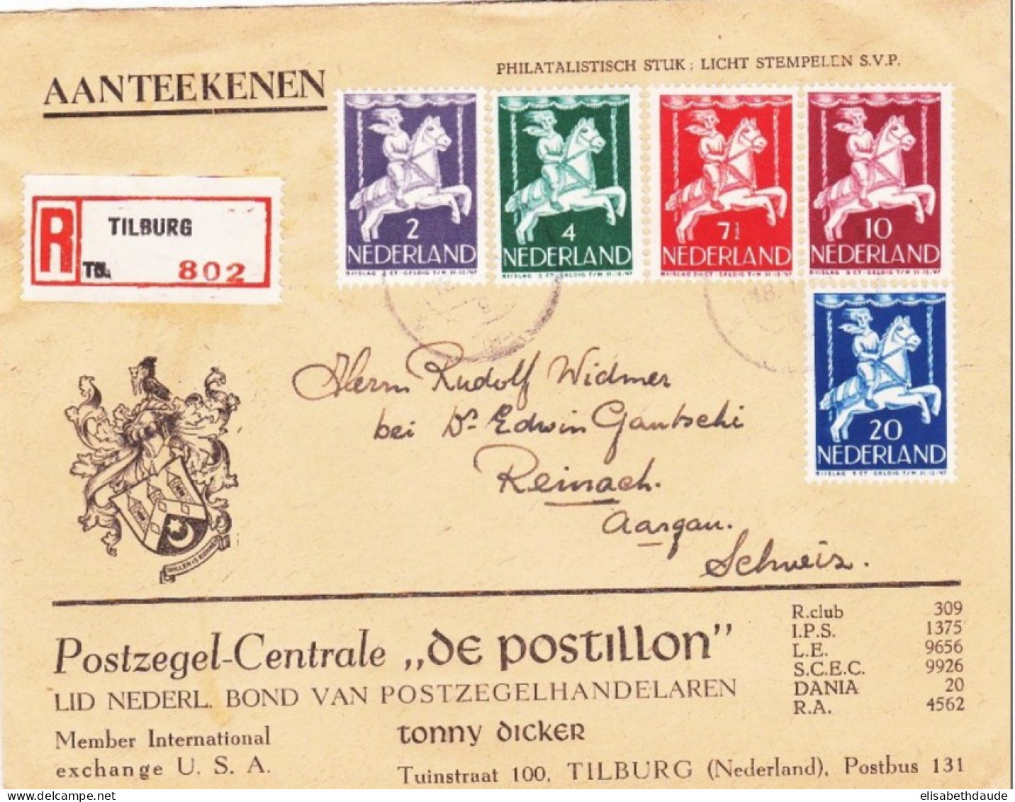 1947 - ENVELOPPE PUBLICITAIRE RECOMMANDEE De TILBURG Pour REINACH (SUISSE) - Brieven En Documenten