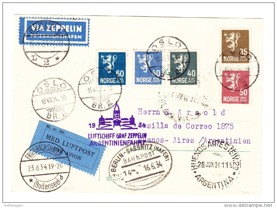 Zeppelin Argentinienfahrt Zuleitungspost Norwegen - 5 Farben Frankatur Auf Karte Ab Oslo 15.VI.34 - Lettres & Documents