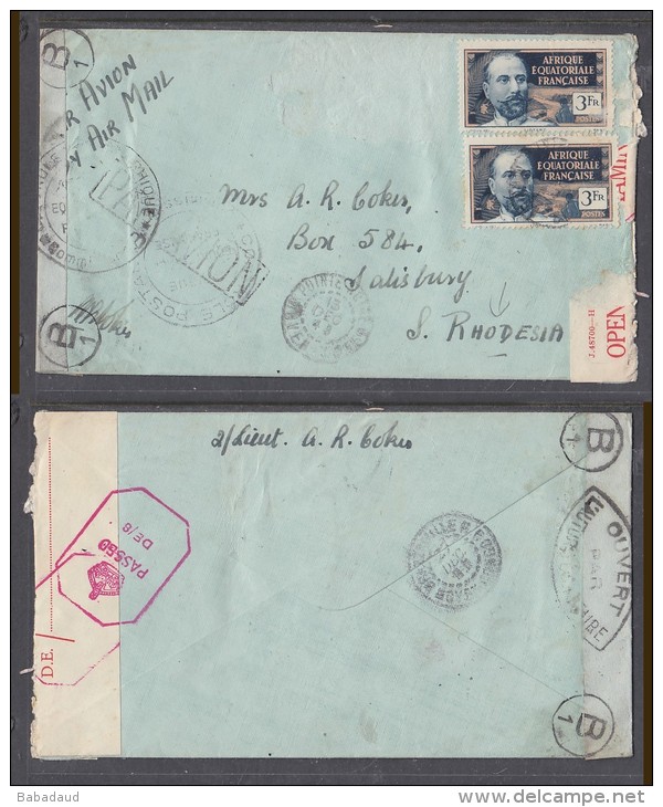 1943 Air Mail Cover POINT NOIRE  To Salisbury S. Rhodesia, French Censor, Rare Rhodesia Censor Label  Type 111G - Covers & Documents