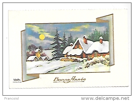 Mignonnette. Bonne Année.Village Et Eglise Sous La Neige. Dorée . 7/10,5cm. Photochrom - Comuniones