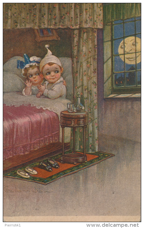 ENFANTS - Jolie Carte Fantaisie Enfants Dans Lit Observés Par La Lune Signée COLOMBO - Colombo, E.