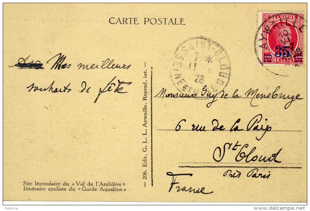 1513    Postal Aywaille 1928 Belgica - Cartas & Documentos